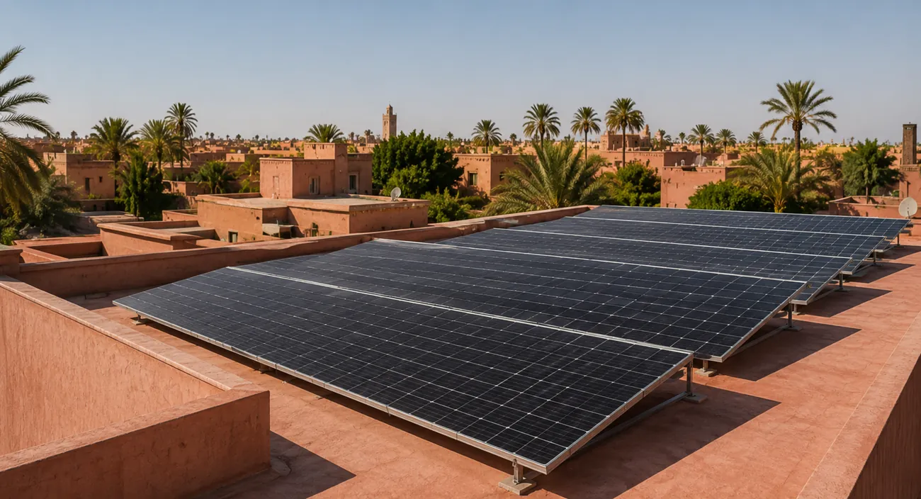Panneaux solaires monocristallins installés sur le toit d'une villa à Marrakech
